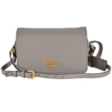 Prada Vitello Phenix Argilla Grey Leather Flap Crossbody Bag available at Queen Bee of Beverly Hills