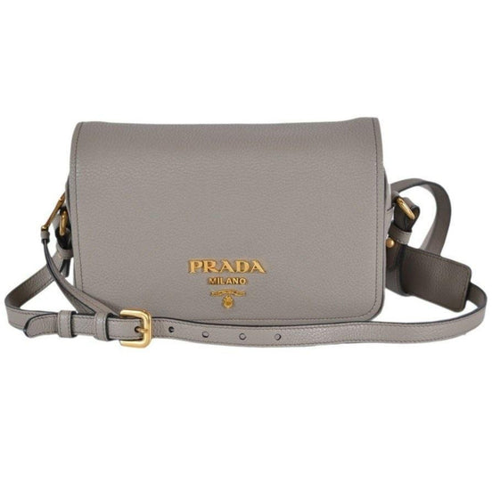 Prada Vitello Phenix Argilla Grey Leather Flap Crossbody Bag available at Queen Bee of Beverly Hills
