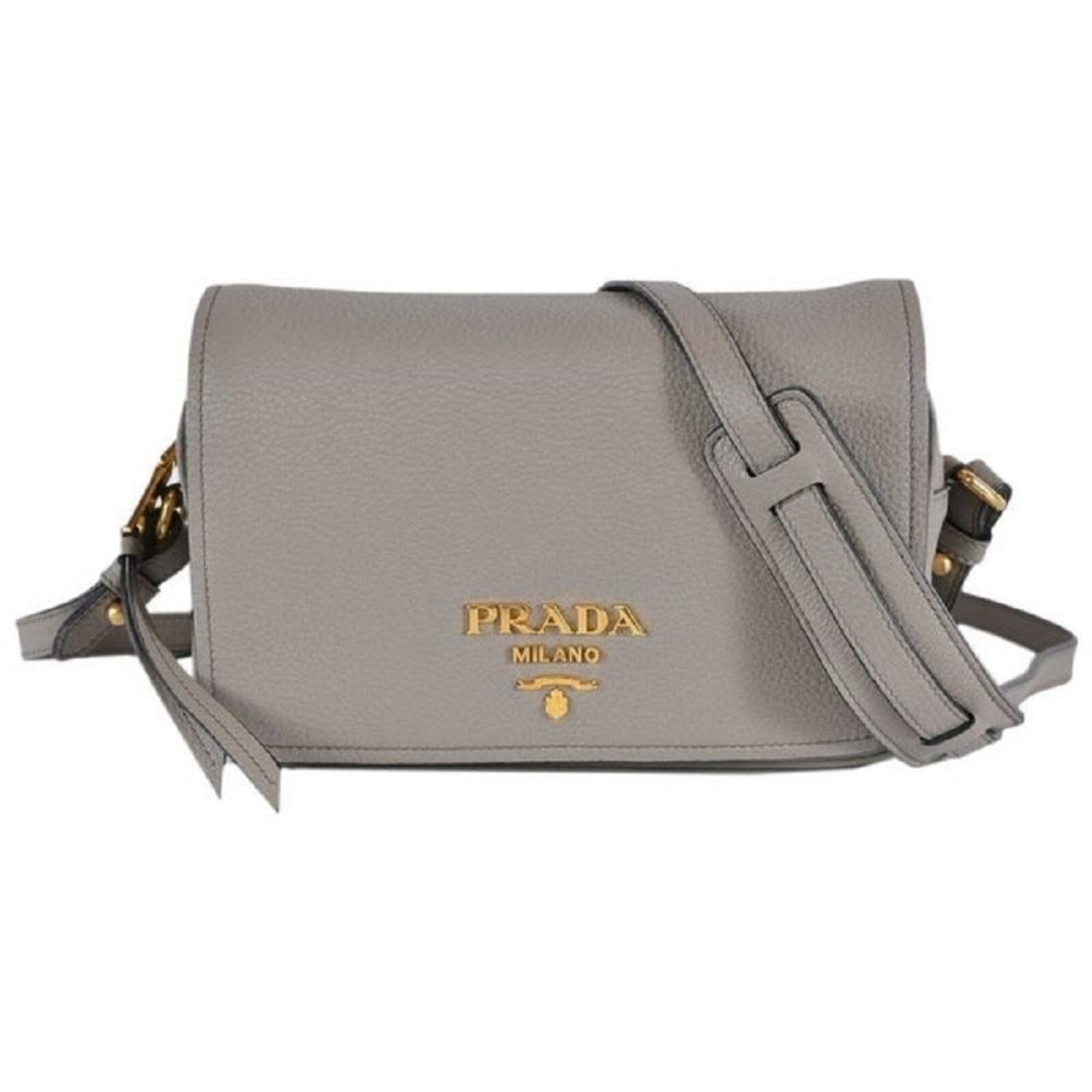 Prada Vitello Phenix Argilla Grey Leather Flap Crossbody Bag available at Queen Bee of Beverly Hills