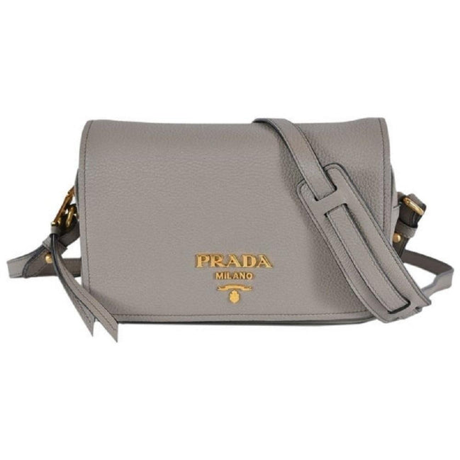Prada Vitello Phenix Argilla Grey Leather Flap Crossbody Bag available at Queen Bee of Beverly Hills