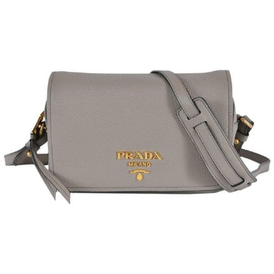 Prada Vitello Phenix Argilla Grey Leather Flap Crossbody Bag available at Queen Bee of Beverly Hills