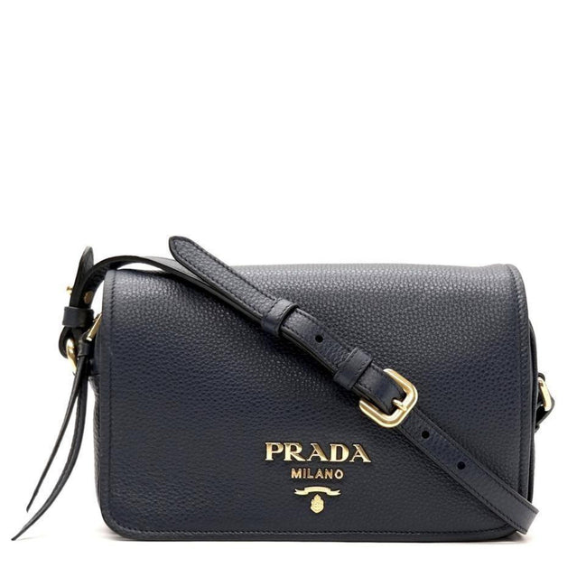 Prada Vitello Phenix Baltico Blue Leather Flap Medium Crossbody Bag available at Queen Bee of Beverly Hills