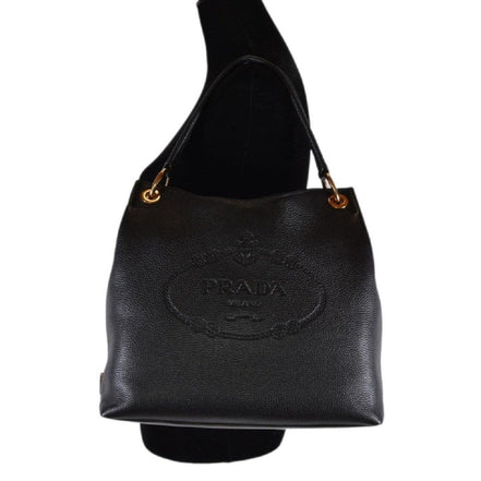 Prada Vitello Phenix Black Leather Embossed Logo Hobo Tote Bag available at Queen Bee of Beverly Hills