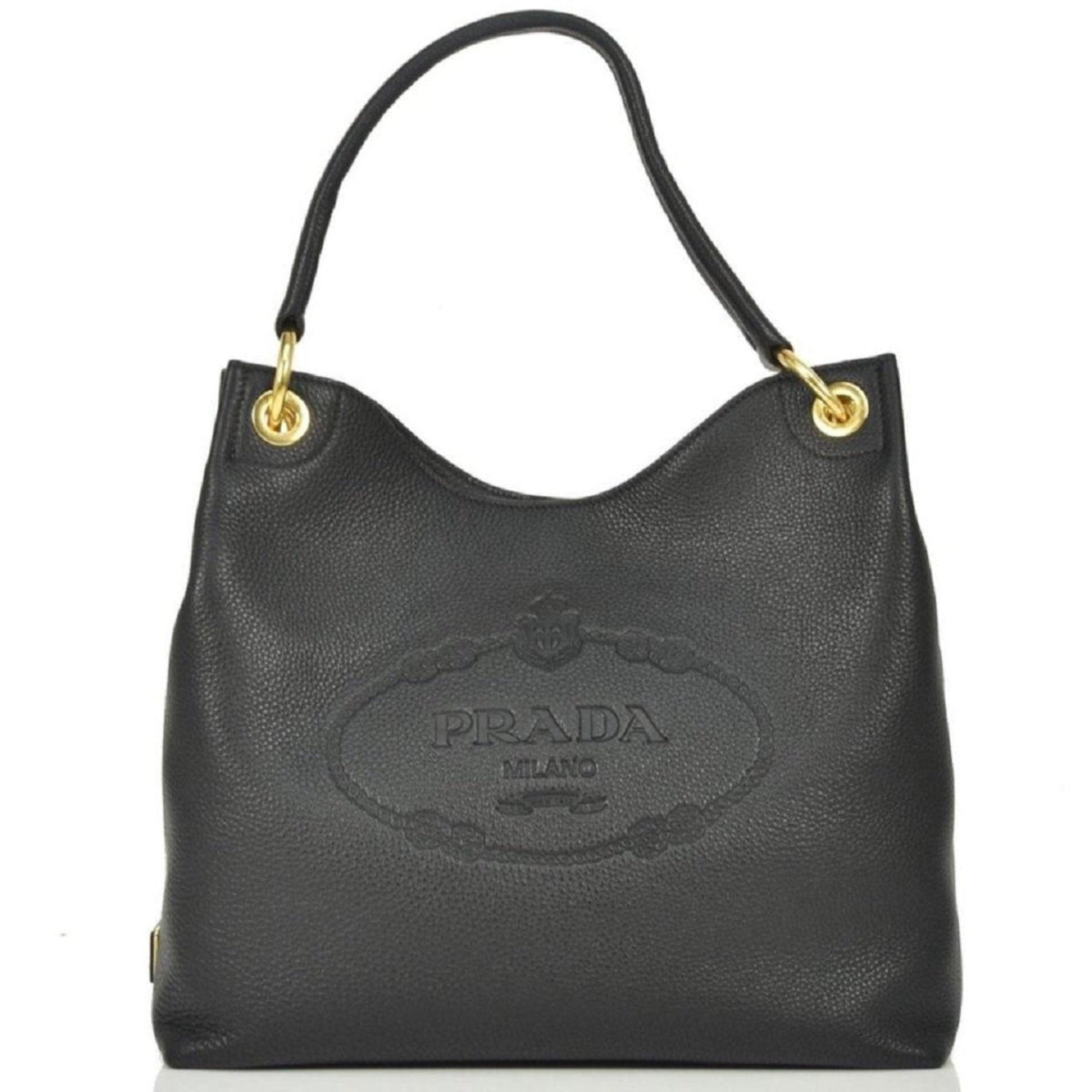 Prada Black Leather Logo Hobo Tote Bag | Queen Bee of Beverly Hills
