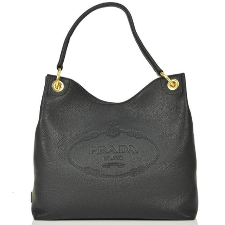 Prada Vitello Phenix Black Leather Embossed Logo Hobo Tote Bag available at Queen Bee of Beverly Hills