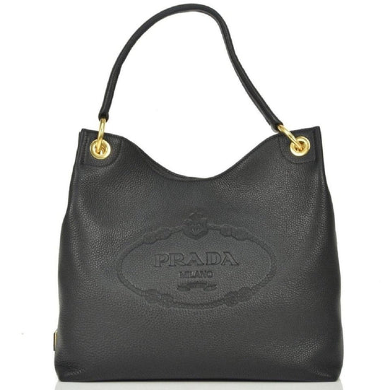 Prada Vitello Phenix Black Leather Embossed Logo Hobo Tote Bag available at Queen Bee of Beverly Hills