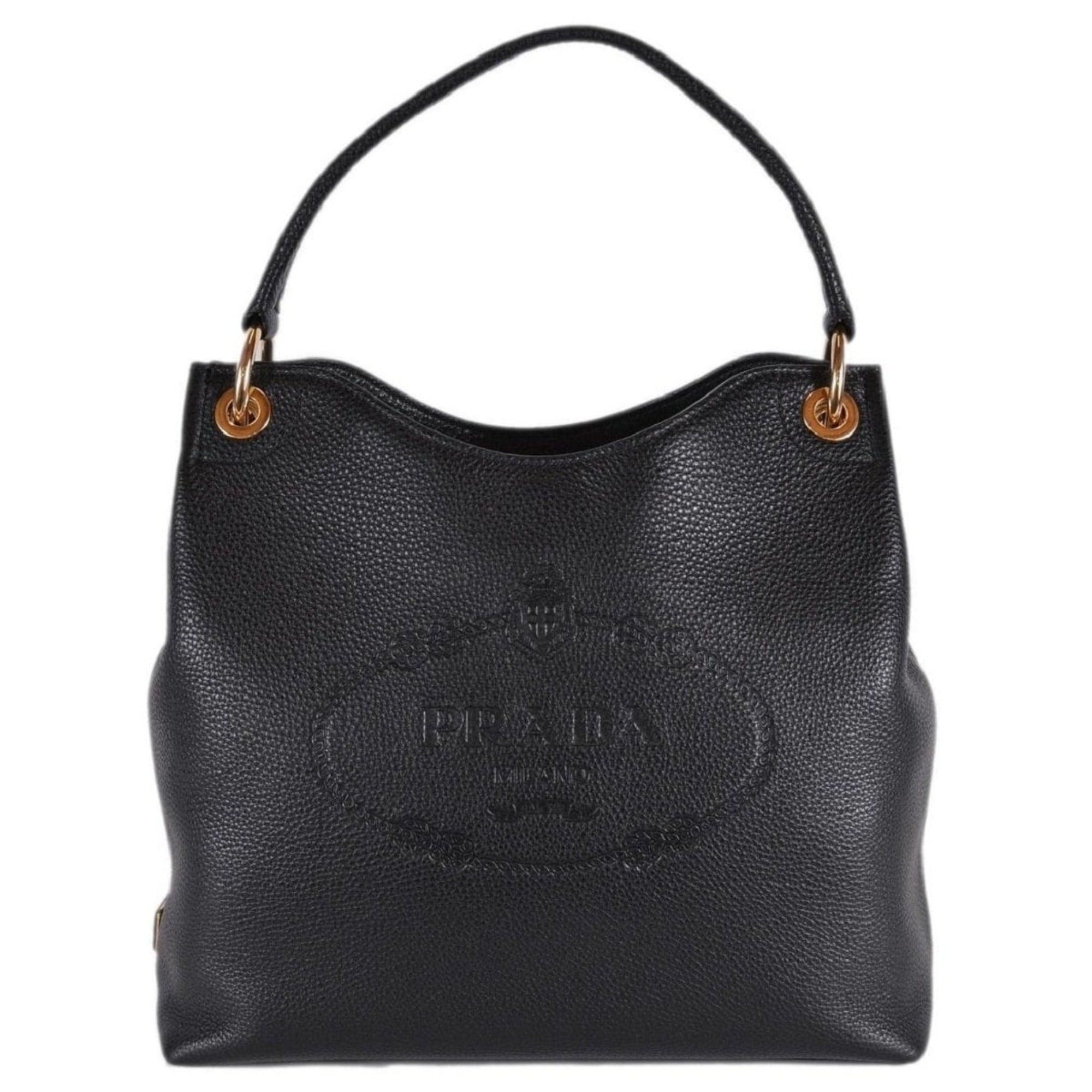 Prada Vitello Phenix Black Leather Embossed Logo Hobo Tote Bag available at Queen Bee of Beverly Hills