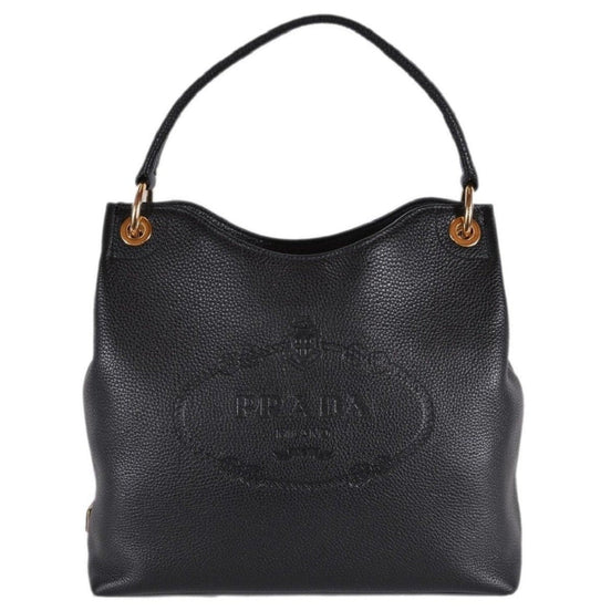 Prada Vitello Phenix Black Leather Embossed Logo Hobo Tote Bag available at Queen Bee of Beverly Hills