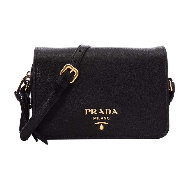 Prada Vitello Phenix Black Leather Flap Crossbody Bag available at Queen Bee of Beverly Hills