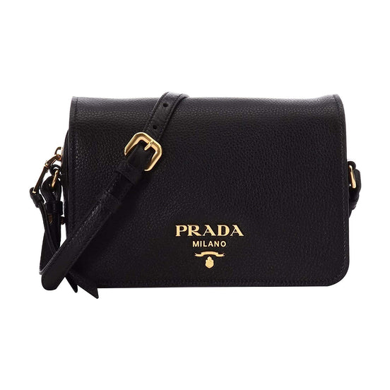 Prada Vitello Phenix Black Leather Flap Crossbody Bag available at Queen Bee of Beverly Hills