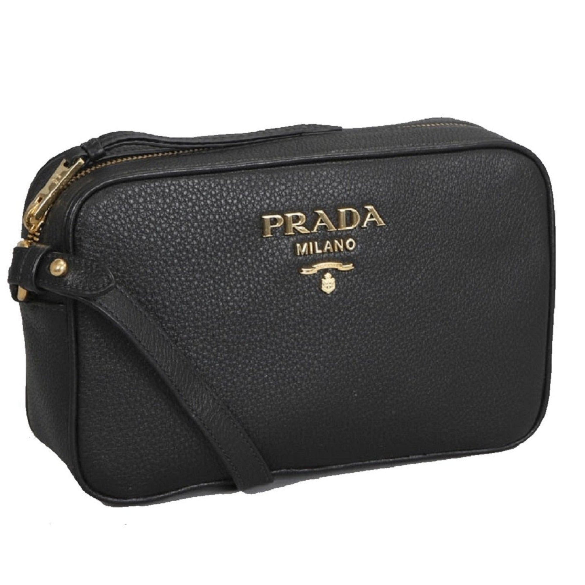 Prada Vitello Phenix Black Leather Gold Logo Camera Crossbody Bag available at Queen Bee of Beverly Hills