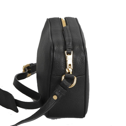 Prada Vitello Phenix Black Leather Gold Logo Camera Crossbody Bag available at Queen Bee of Beverly Hills