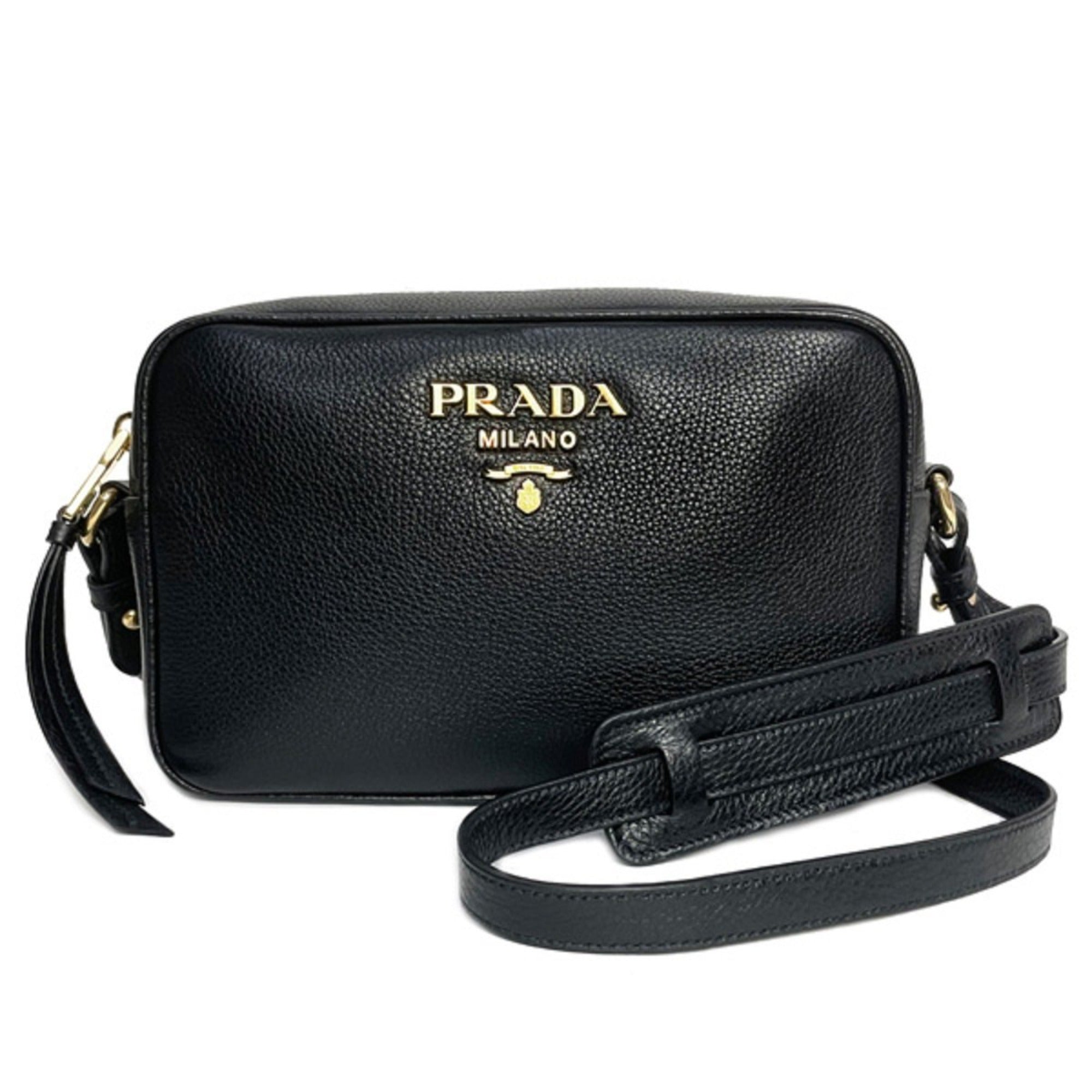 Prada Vitello Phenix Black Leather Gold Logo Camera Crossbody Bag available at Queen Bee of Beverly Hills