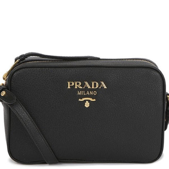Prada Vitello Phenix Black Leather Gold Logo Camera Crossbody Bag available at Queen Bee of Beverly Hills