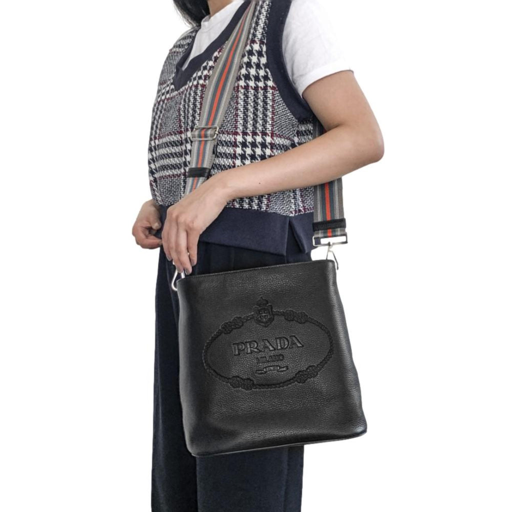 Prada Vitello Phenix Black Leather Stripe Strap Bucket Bag 1BE057 at_Queen_Bee_of_Beverly_Hills