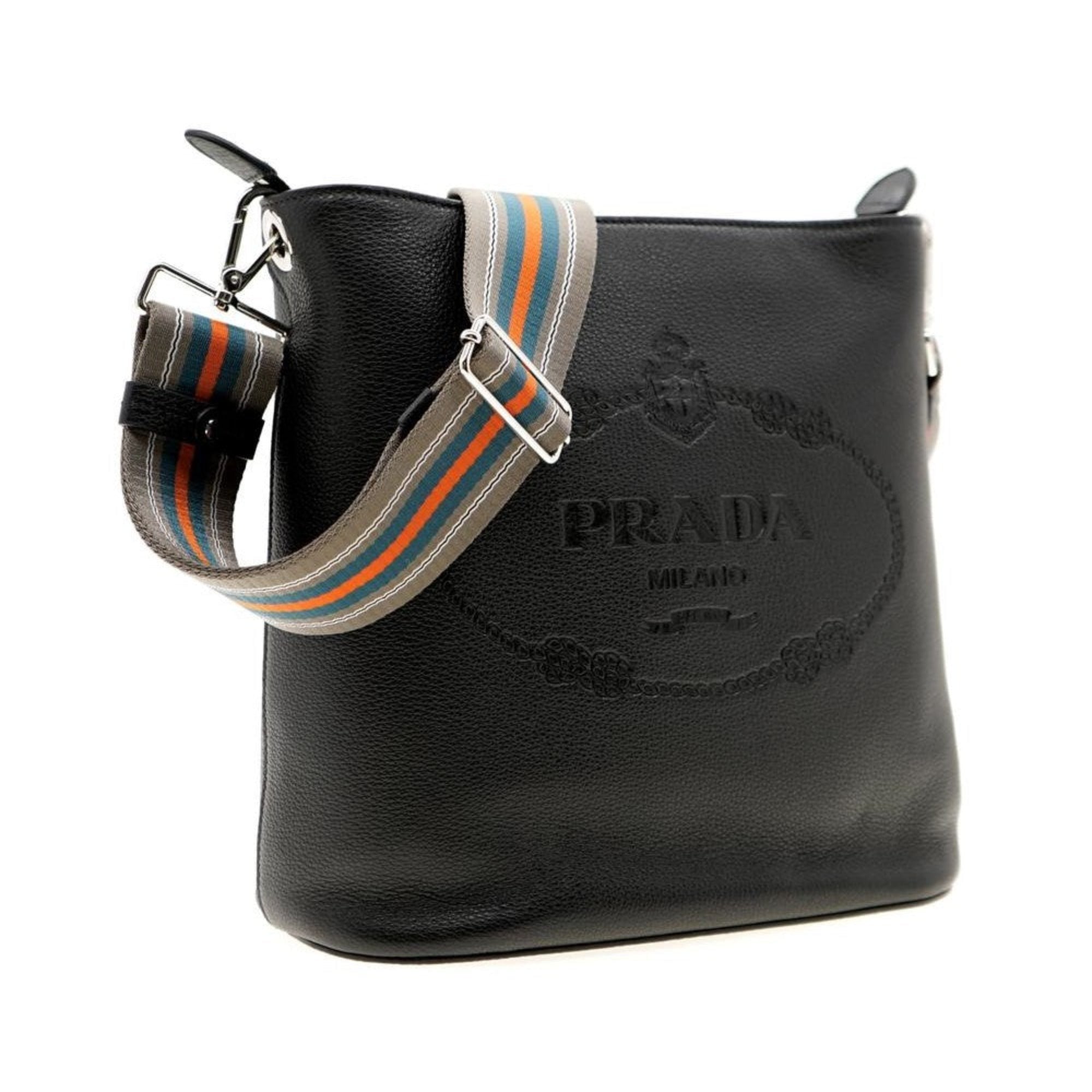 Prada Vitello Phenix Black Leather Web Strap Crossbody Bucket Bag available at Queen Bee of Beverly Hills