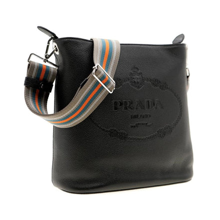 Prada Vitello Phenix Black Leather Web Strap Crossbody Bucket Bag available at Queen Bee of Beverly Hills