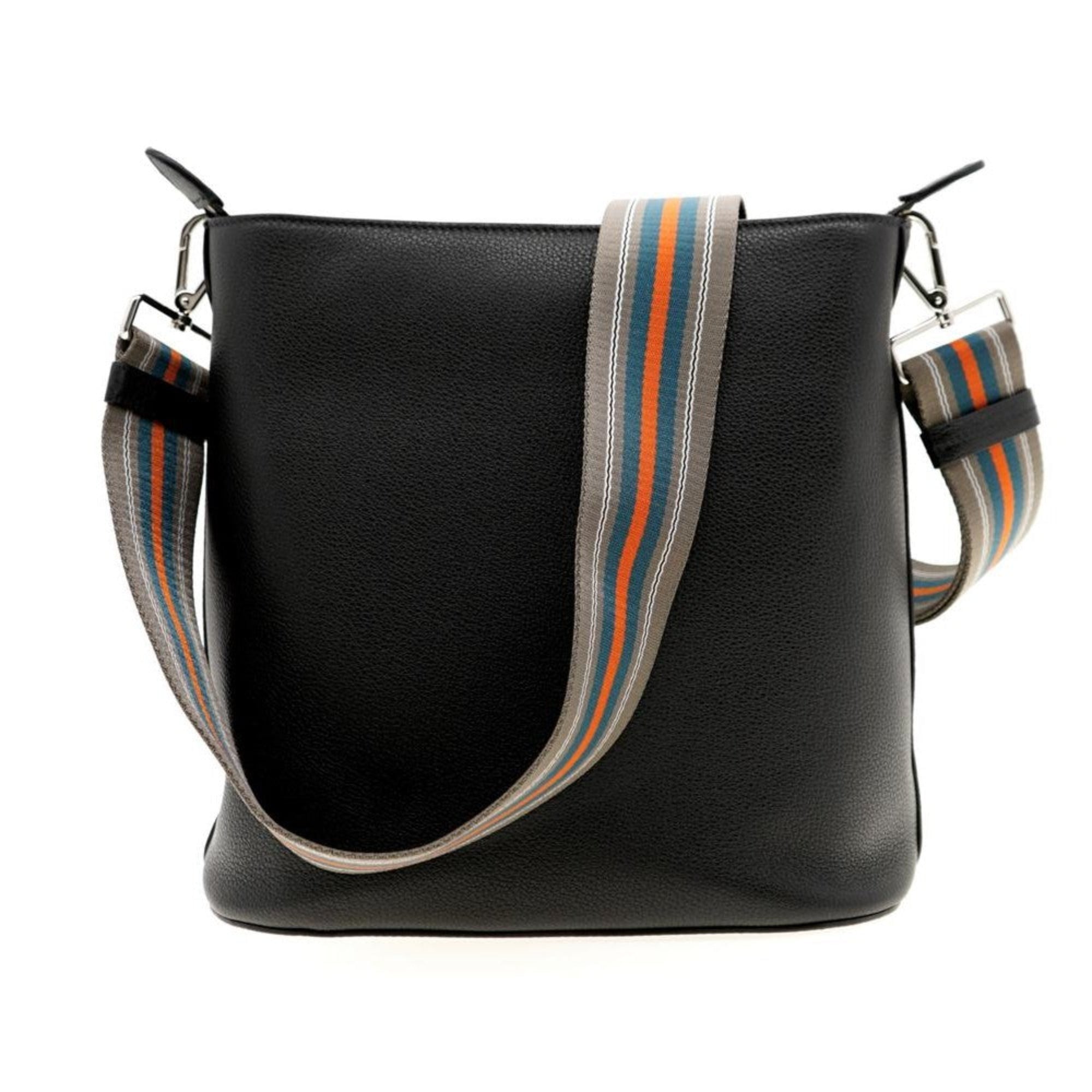 Prada Vitello Phenix Black Leather Web Strap Crossbody Bucket Bag available at Queen Bee of Beverly Hills