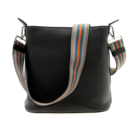 Prada Vitello Phenix Black Leather Web Strap Crossbody Bucket Bag available at Queen Bee of Beverly Hills