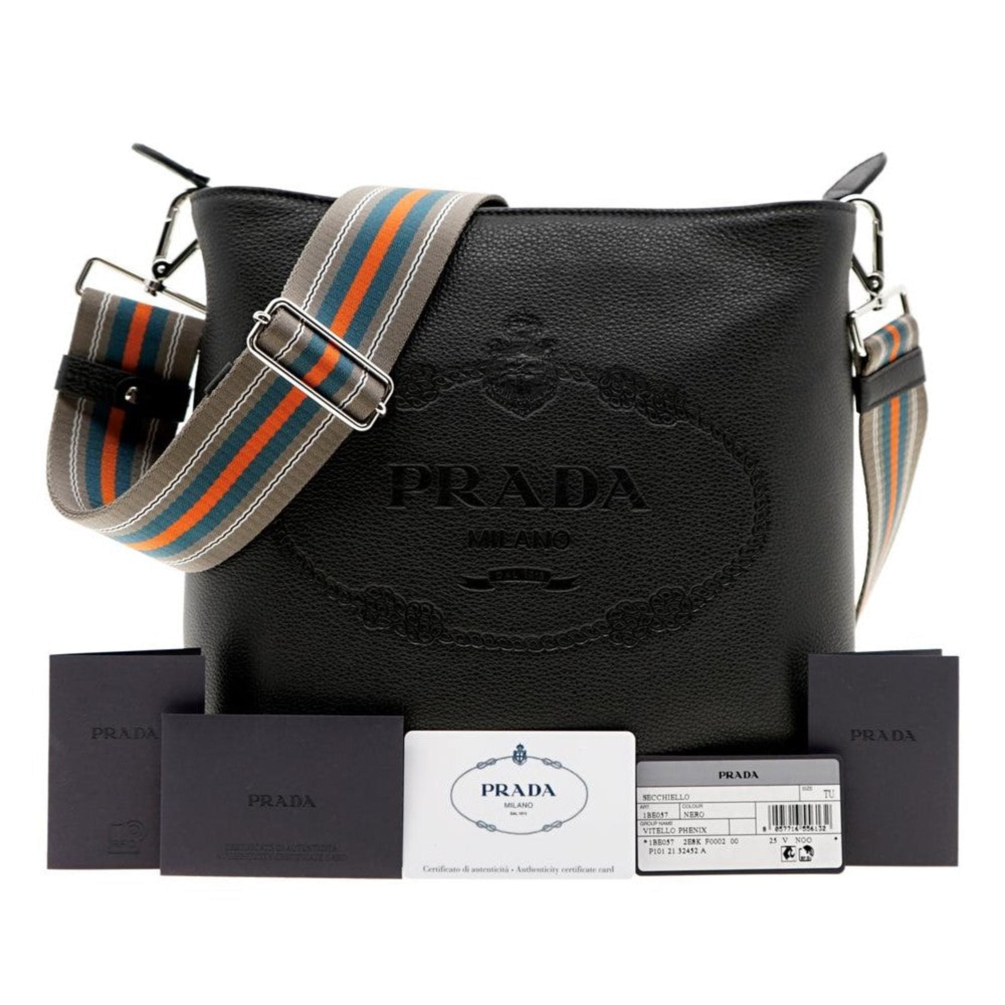 Prada Vitello Phenix Black Leather Web Strap Crossbody Bucket Bag available at Queen Bee of Beverly Hills