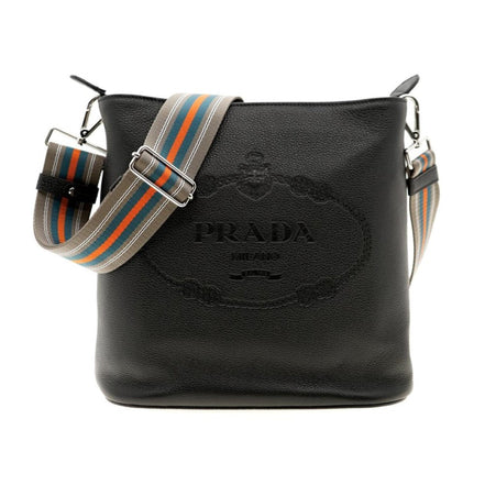 Prada Vitello Phenix Black Leather Web Strap Crossbody Bucket Bag available at Queen Bee of Beverly Hills