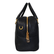 Prada Vitello Phenix Black Leather Web Stripe Crossbody Satchel Bag available at Queen Bee of Beverly Hills