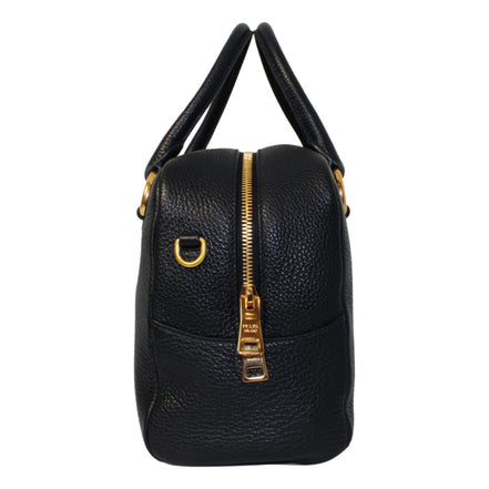 Prada Vitello Phenix Black Leather Web Stripe Crossbody Satchel Bag available at Queen Bee of Beverly Hills