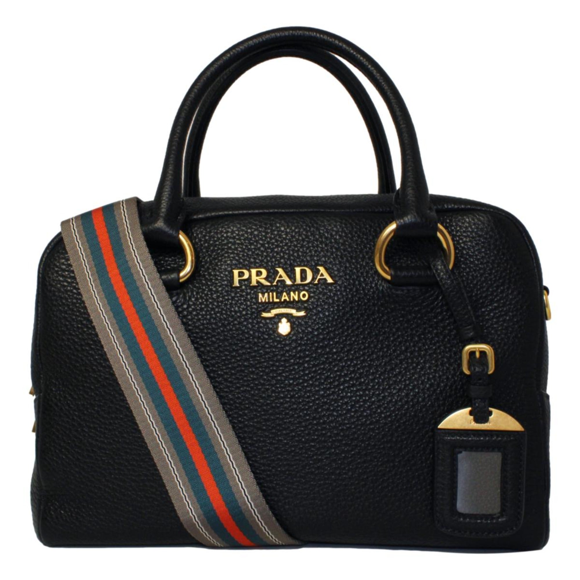 Prada Vitello Phenix Black Leather Web Stripe Crossbody Satchel Bag available at Queen Bee of Beverly Hills