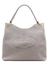 Prada Vitello Phenix Grey Leather Embossed Logo Hobo Tote Bag available at Queen Bee of Beverly Hills
