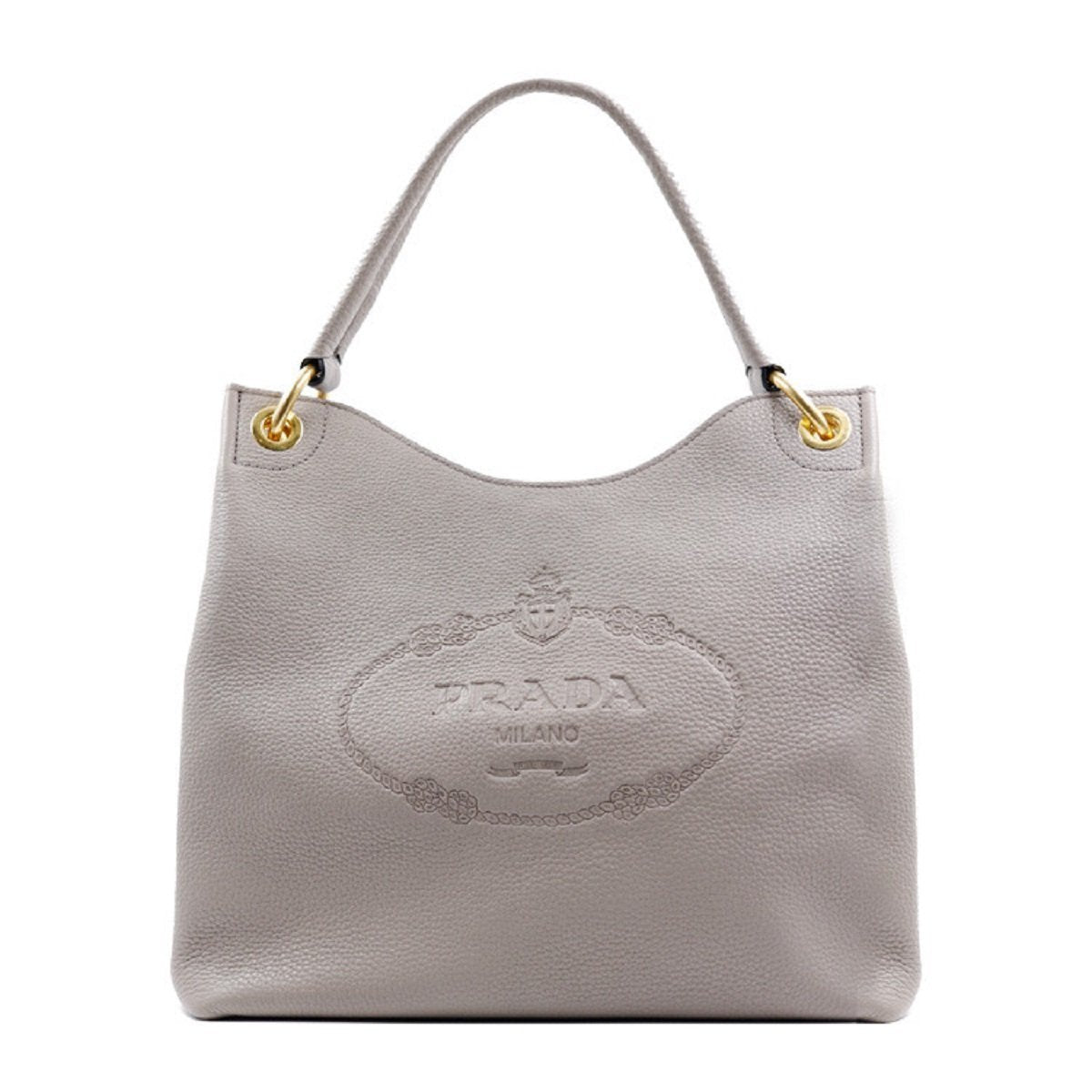 Prada Vitello Phenix Grey Leather Embossed Logo Hobo Tote Bag available at Queen Bee of Beverly Hills