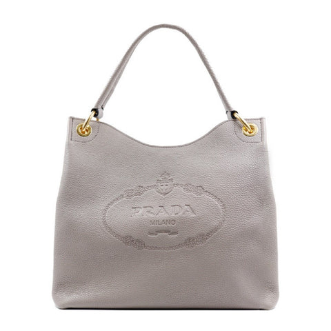 Prada Vitello Phenix Grey Leather Embossed Logo Hobo Tote Bag available at Queen Bee of Beverly Hills