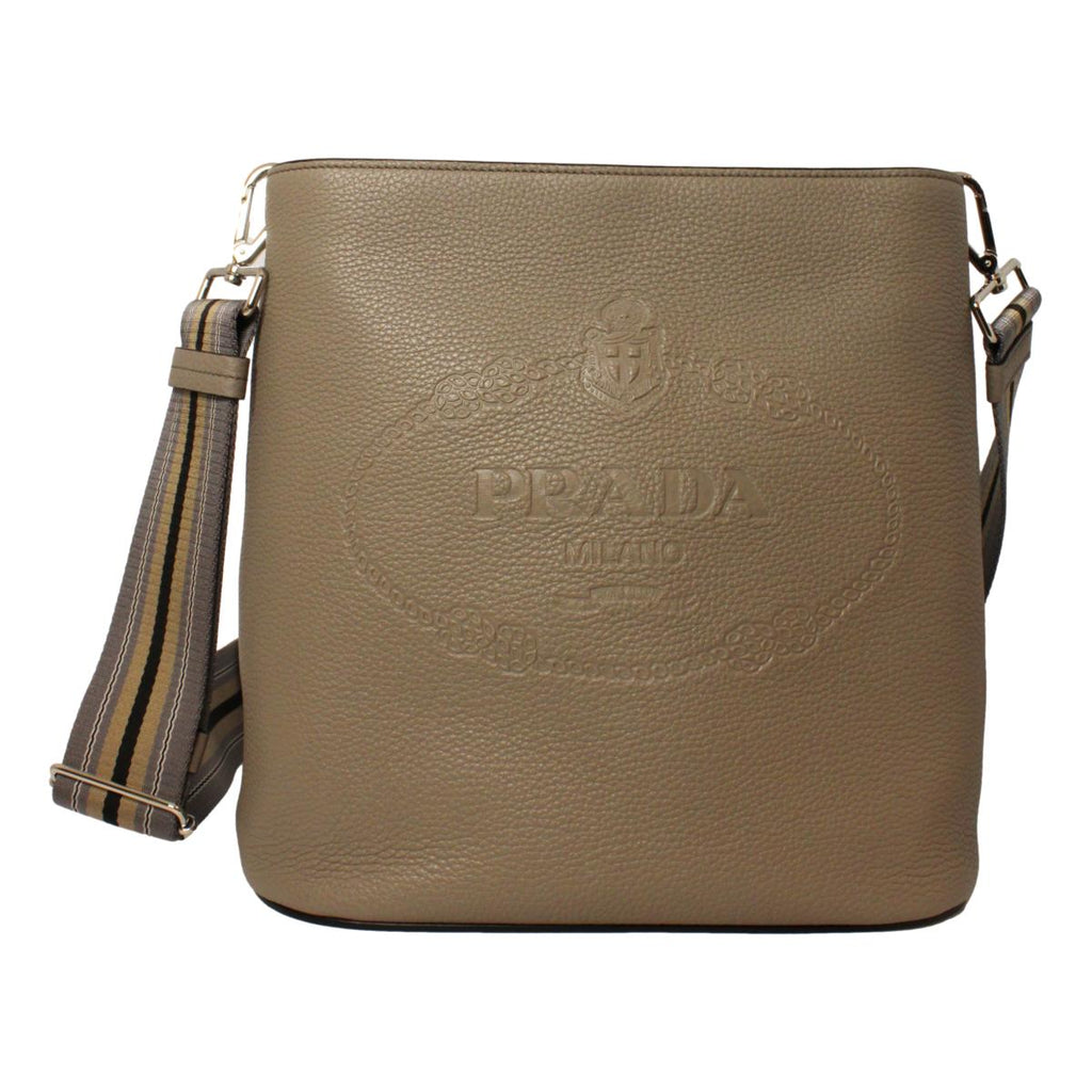 Prada Vitello Phenix Grey Leather Stripe Strap Bucket Bag 1BE057 at_Queen_Bee_of_Beverly_Hills