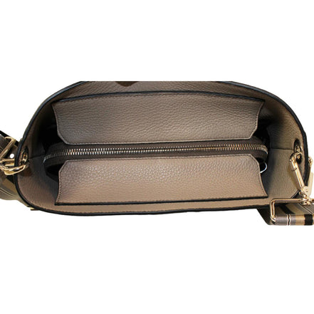 Prada Vitello Phenix Grey Leather Stripe Strap Bucket Bag available at Queen Bee of Beverly Hills