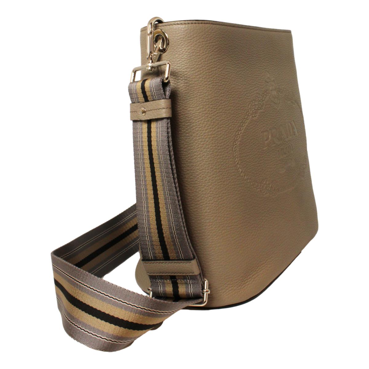 Prada Vitello Phenix Grey Leather Stripe Strap Bucket Bag available at Queen Bee of Beverly Hills