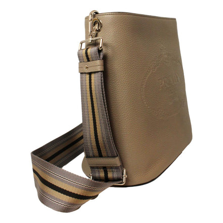 Prada Vitello Phenix Grey Leather Stripe Strap Bucket Bag available at Queen Bee of Beverly Hills