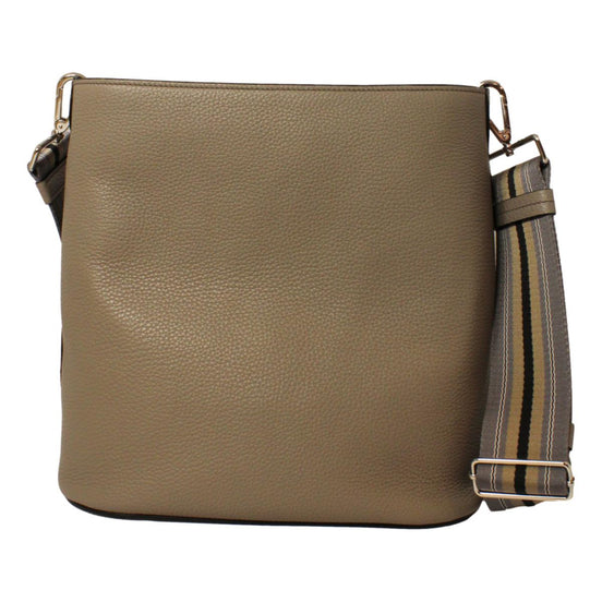 Prada Vitello Phenix Grey Leather Stripe Strap Bucket Bag available at Queen Bee of Beverly Hills