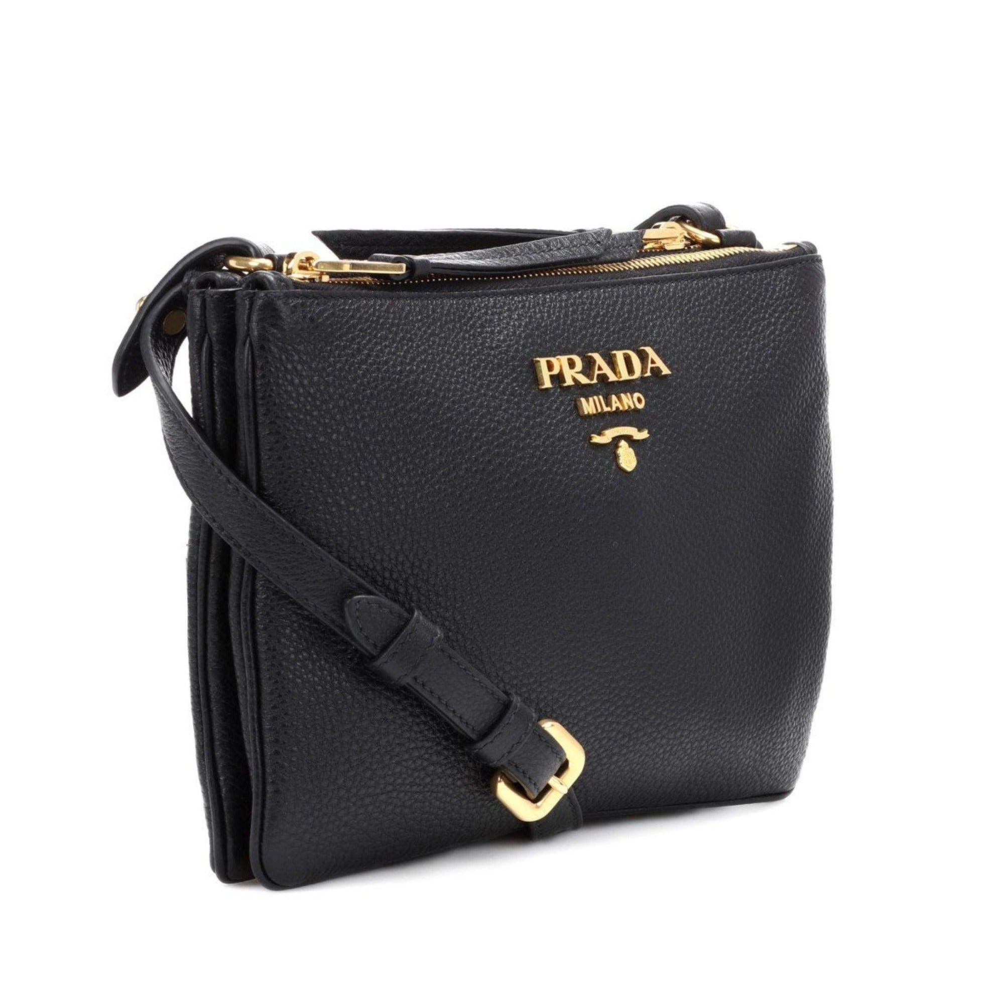 Prada Vitello Phenix Leather Gold Hardware Black Cross Body available at Queen Bee of Beverly Hills
