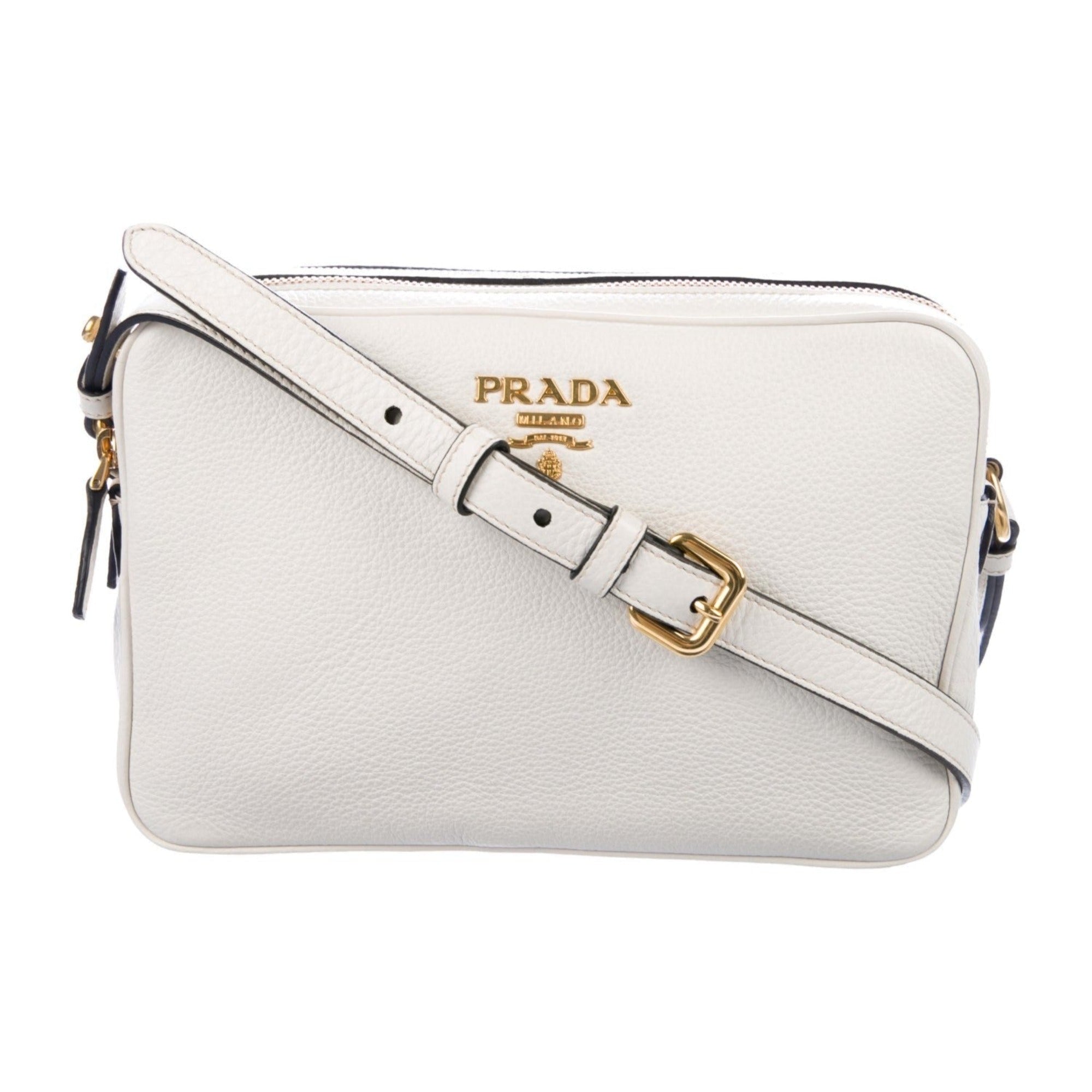 Prada Vitello Phenix White Leather Double Zip Camera Crossbody available at Queen Bee of Beverly Hills