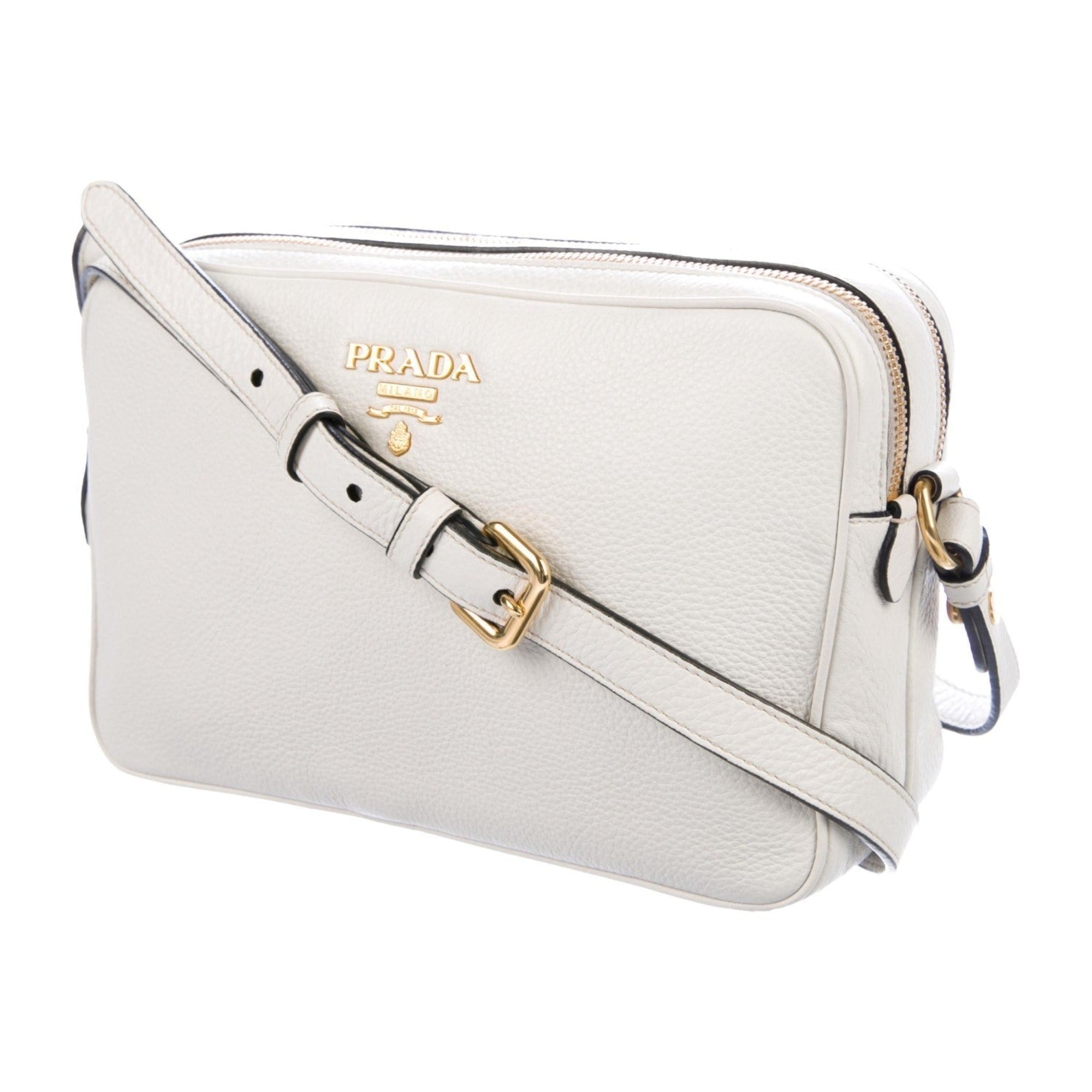 Prada Vitello Phenix White Leather Double Zip Camera Crossbody available at Queen Bee of Beverly Hills