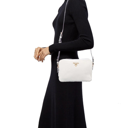 Prada Vitello Phenix White Leather Double Zip Camera Crossbody available at Queen Bee of Beverly Hills