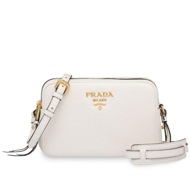 Prada Vitello Phenix White Leather Double Zip Camera Crossbody available at Queen Bee of Beverly Hills