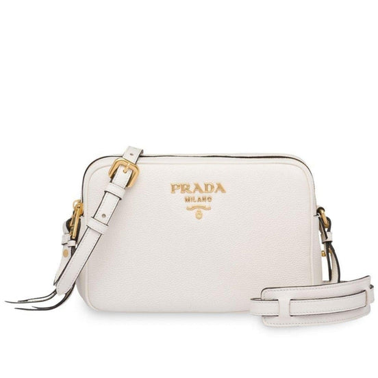 Prada Vitello Phenix White Leather Double Zip Camera Crossbody available at Queen Bee of Beverly Hills