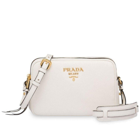 Prada Vitello Phenix White Leather Double Zip Camera Crossbody available at Queen Bee of Beverly Hills