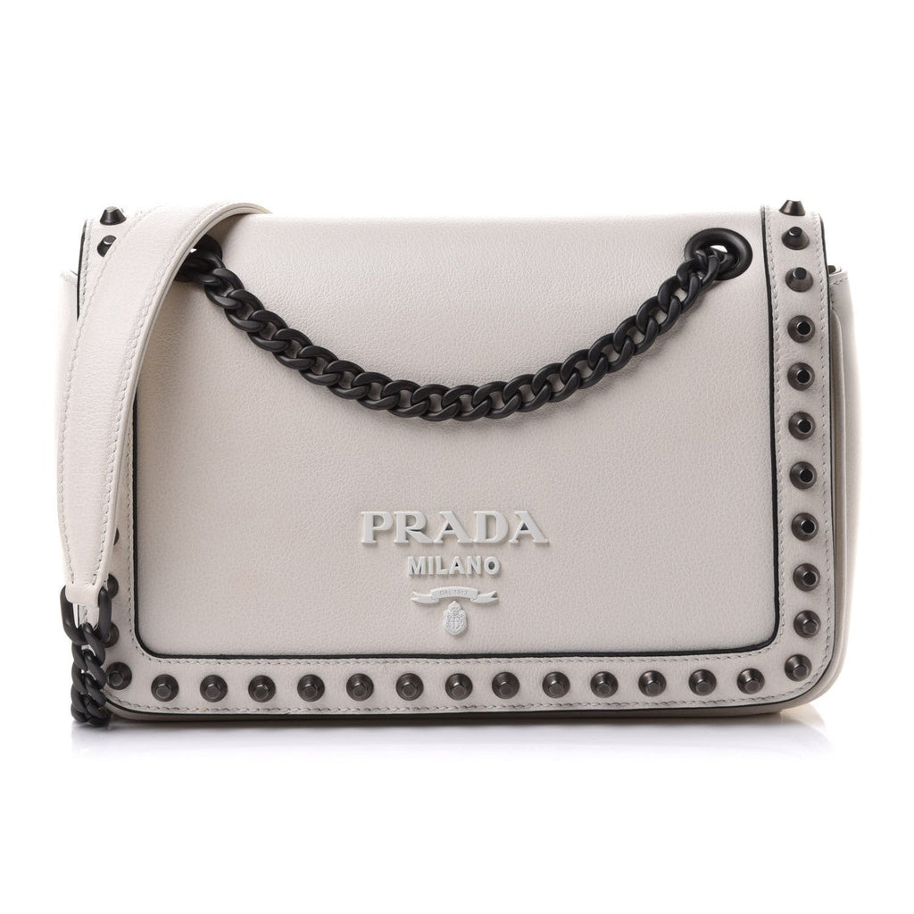 Prada White Glace Leather Studded Trim Crossbody Handbag 1BD147