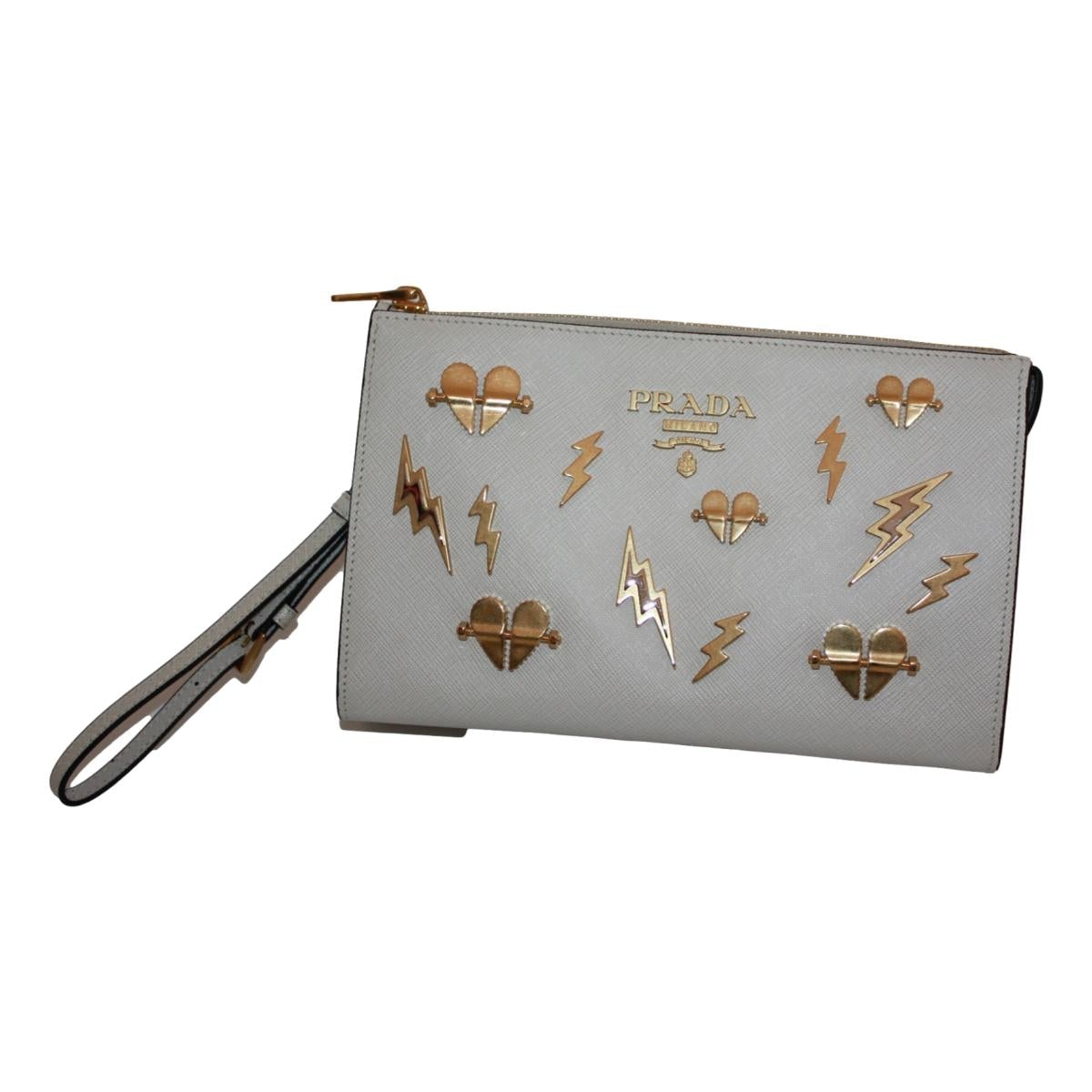 Prada White Saffiano Leather Gold Hearts Pouch Wristlet Bag 1NE007 at_Queen_Bee_of_Beverly_Hills