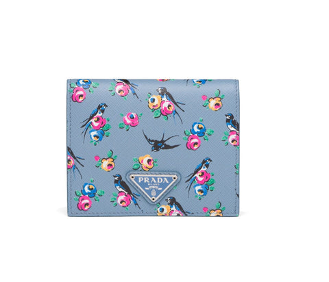 Prada Women's Astrale Blue Saffiano Leather Swallow Print Snap Bifold Wallet 1MV204 at_Queen_Bee_of_Beverly_Hills
