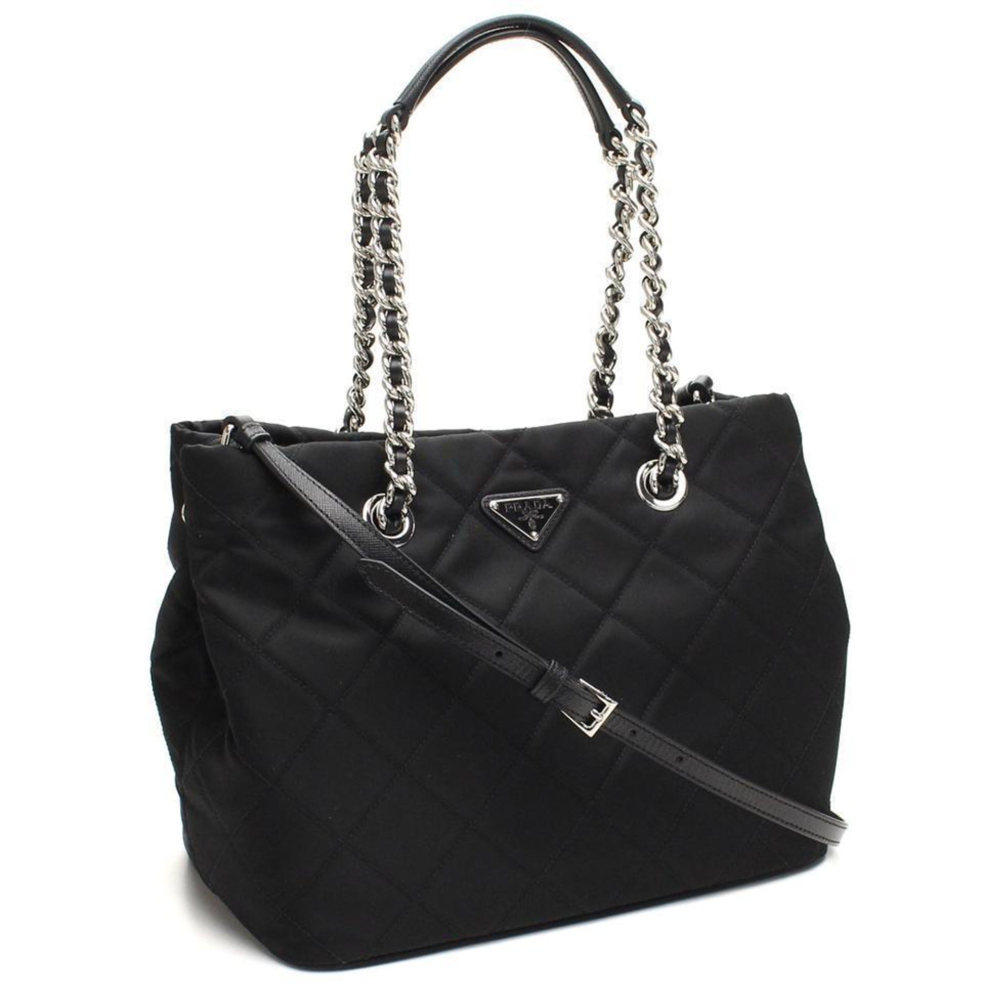 Prada Women's Black Quilted Tessuto Chain Shoulder Bag Tote 1BG740 at_Queen_Bee_of_Beverly_Hills