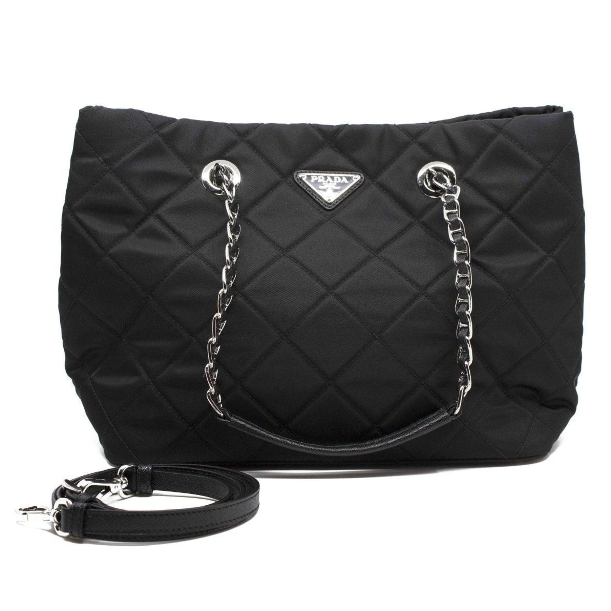 Prada Women's Black Quilted Tessuto Chain Shoulder Bag Tote 1BG740 at_Queen_Bee_of_Beverly_Hills