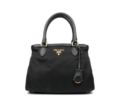 Prada Women's Black Tessuto Nylon Soft Calf Handbag Satchel 1BA173 at_Queen_Bee_of_Beverly_Hills