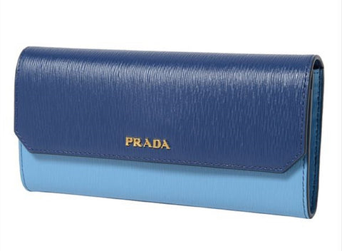 Prada Women's Blue Bluette Mare Colorblock Vitello Move Leather Flap Wallet 1MH132 at_Queen_Bee_of_Beverly_Hills